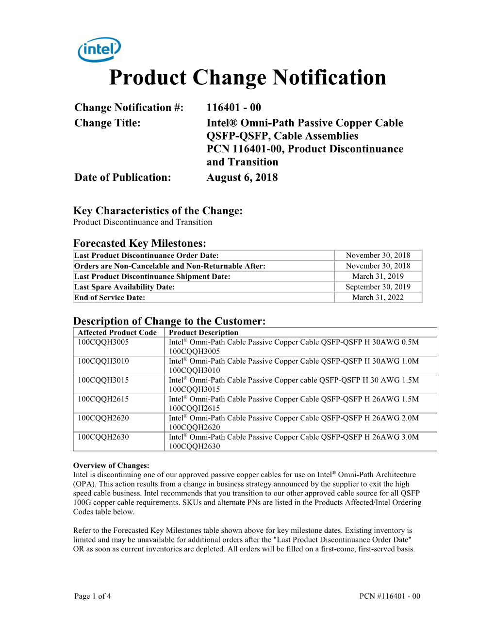 Product Change Notification 116401 - 00
