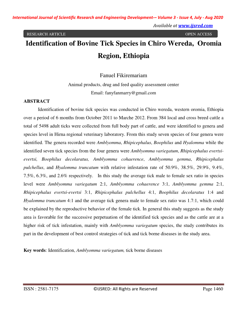 Identification of Bovine Tick Species in Chiro Wereda, Oromia Region, Ethiopia