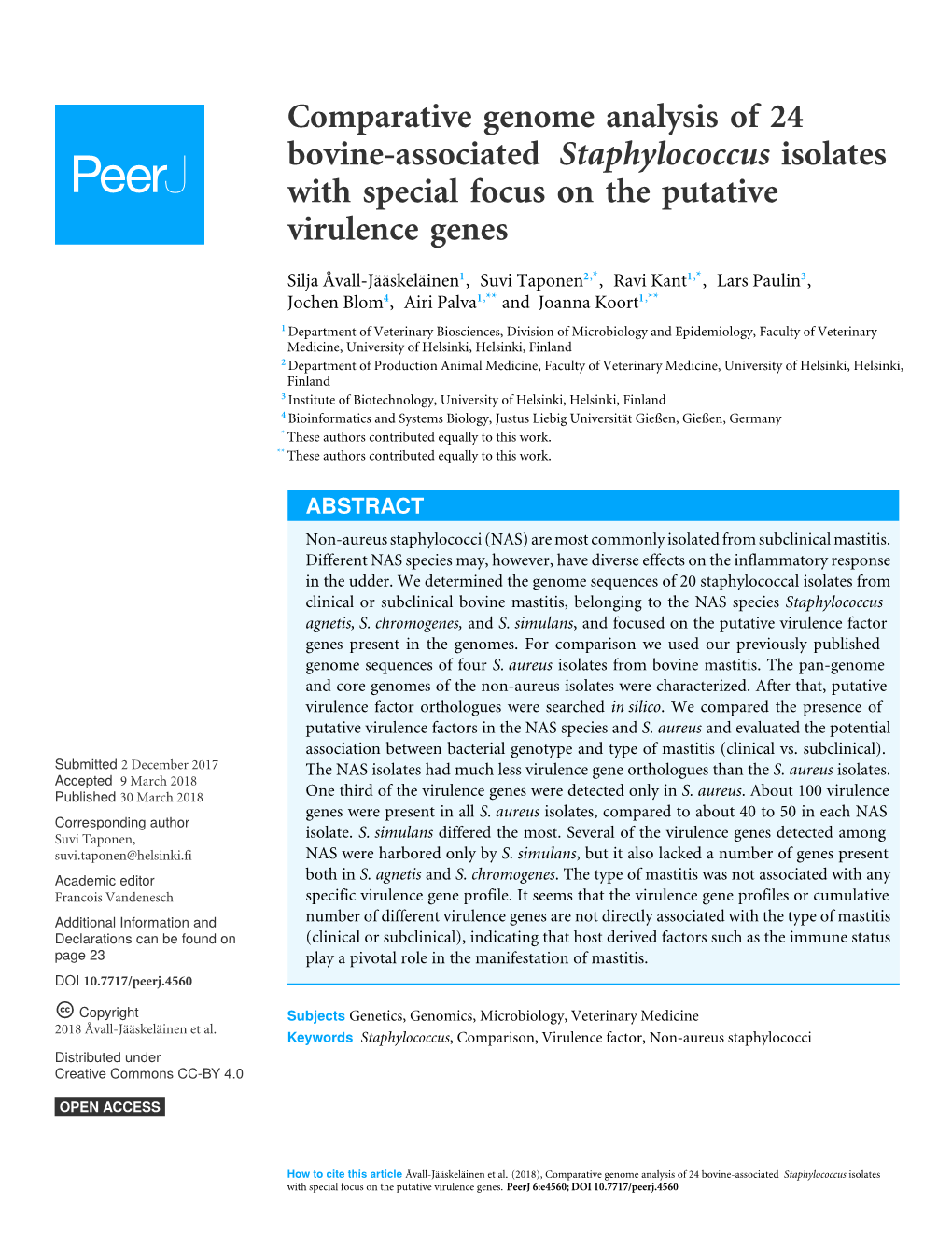 Comparative Genome Analysis of 24 Bovine-Associated Staphylococcus Isolates with Special Focus on the Putative Virulence Genes