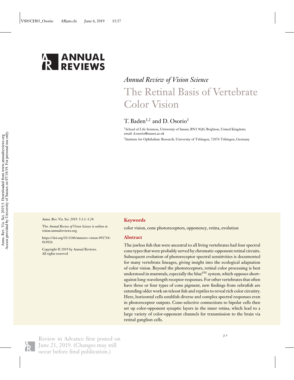 The Retinal Basis of Vertebrate Color Vision