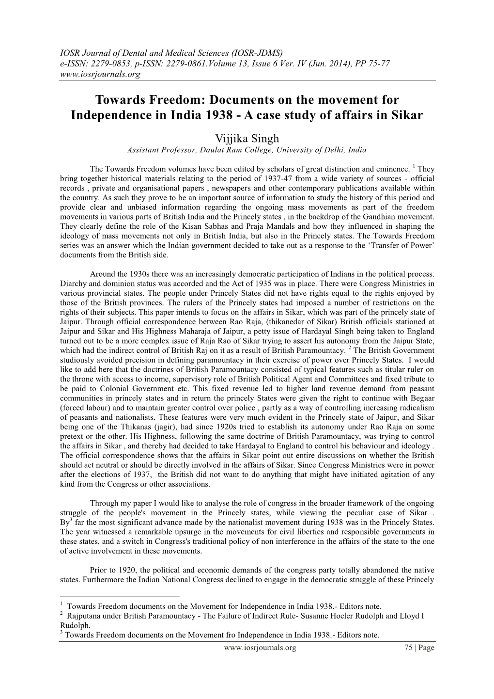 Towards Freedom: Documents on the Movement for Independence in India 1938 - a Case Study of Affairs in Sikar