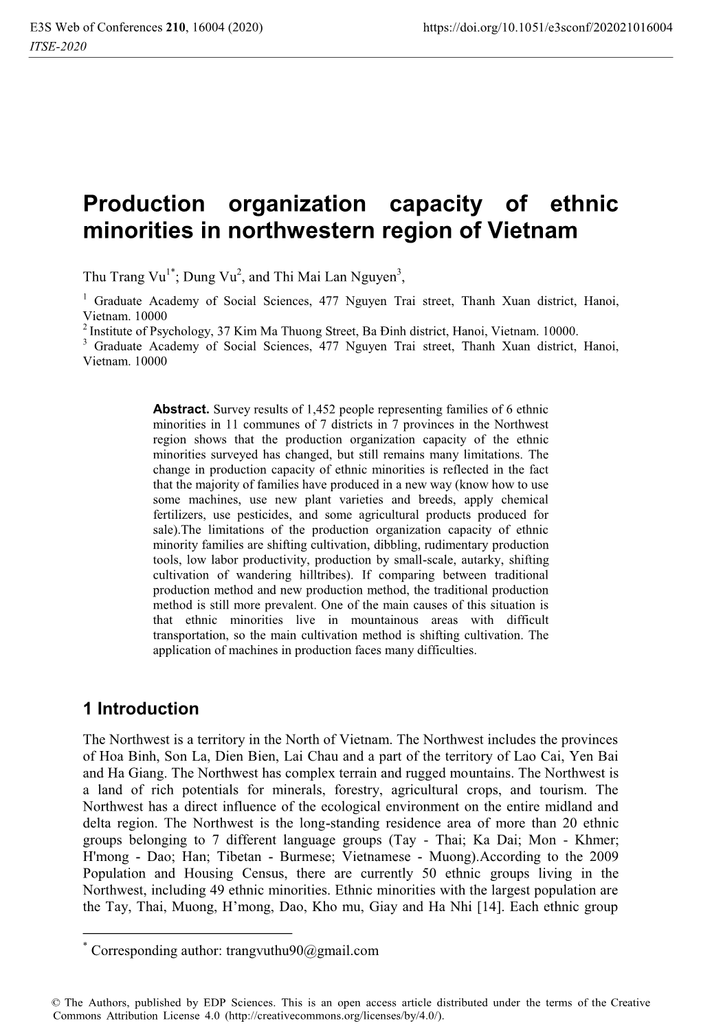 Production Organization Capacity of Ethnic Minorities in Northwestern Region of Vietnam