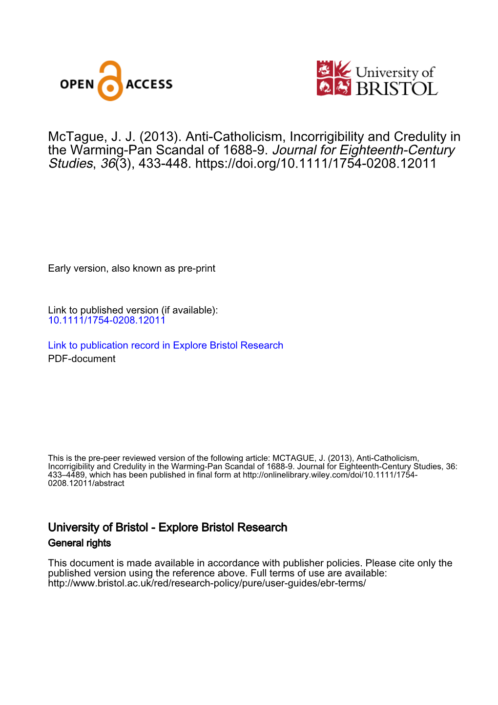 (2013). Anti-Catholicism, Incorrigibility and Credulity in the Warming-Pan Scandal of 1688-9