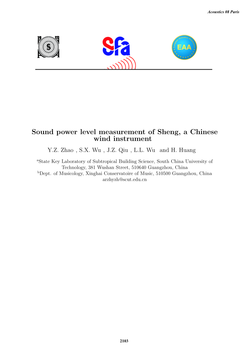 Sound Power Level Measurement of Sheng, a Chinese Wind Instrument Y.Z
