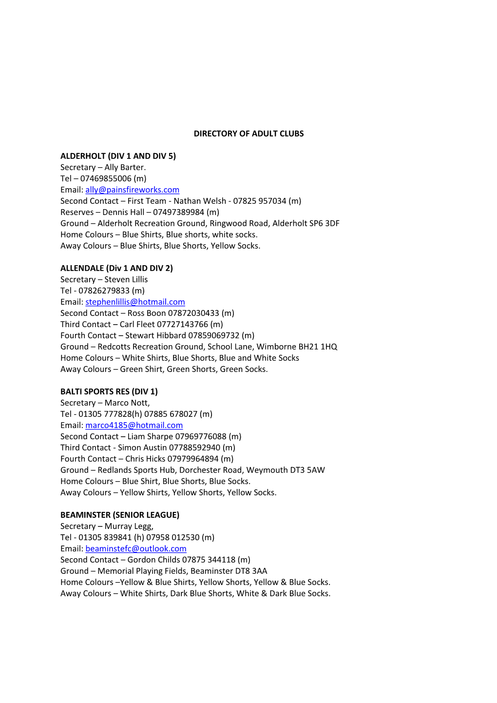 Directory of Adult Clubs Alderholt