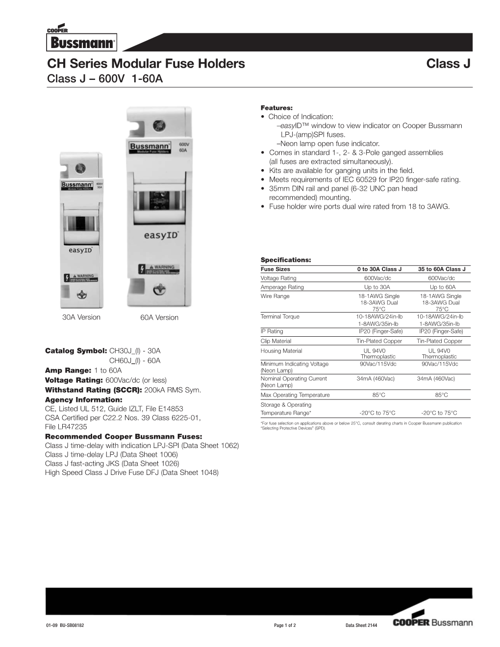 CH Series Modular Fuse Holders Class J Class J – 600V 1-60A