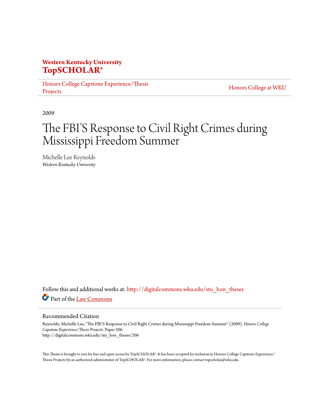 The FBI's Response to Civil Right Crimes During Mississippi Freedom