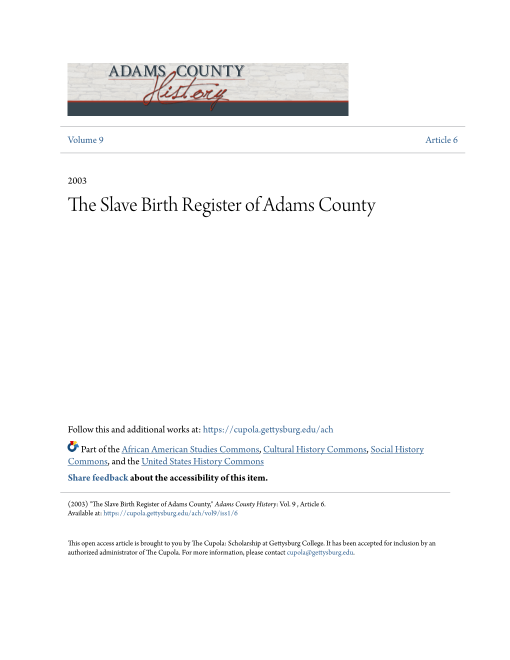 The Slave Birth Register of Adams County