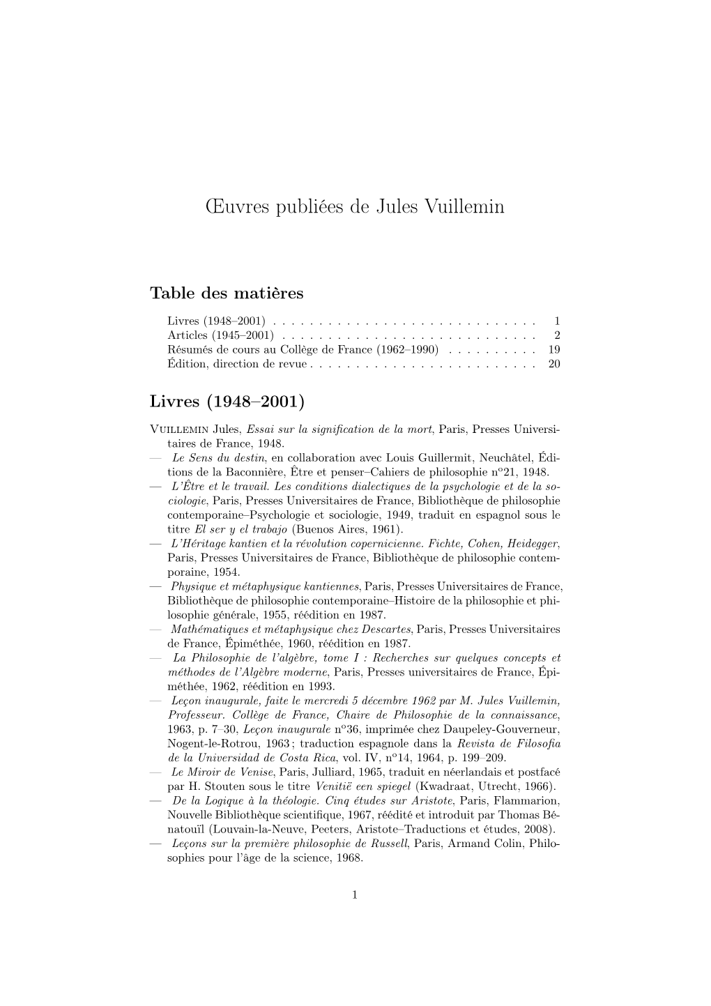 Œuvres Publiées De Jules Vuillemin