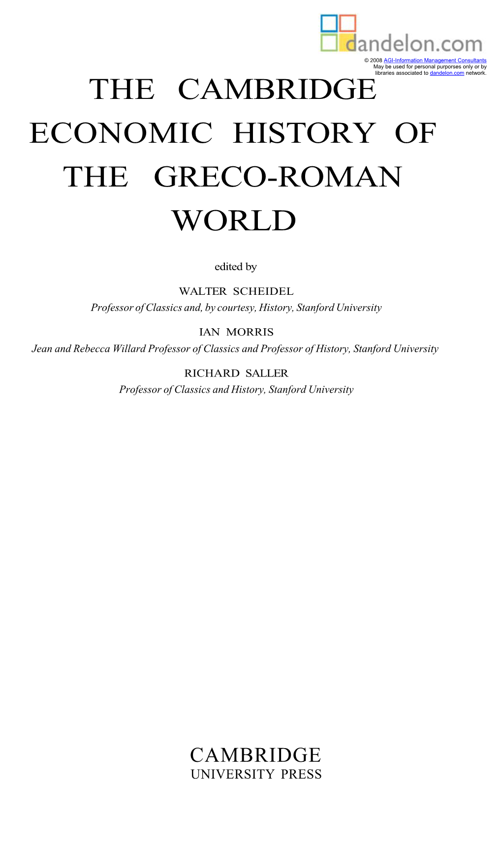 The Cambridge Economic History of the Greco-Roman World