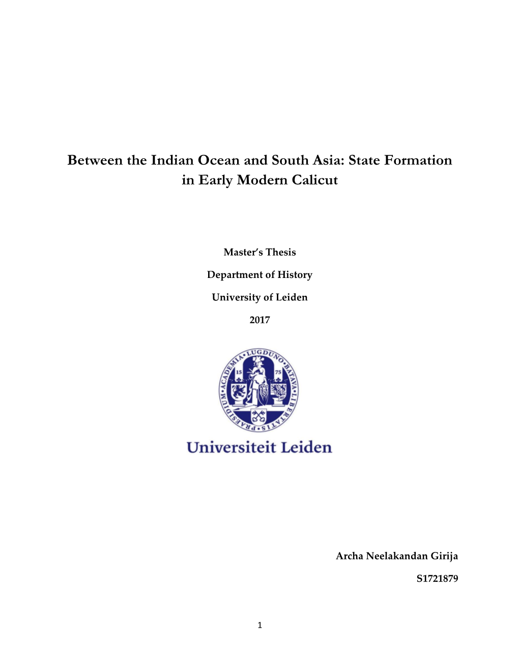 Between the Indian Ocean and South Asia: State Formation in Early Modern Calicut