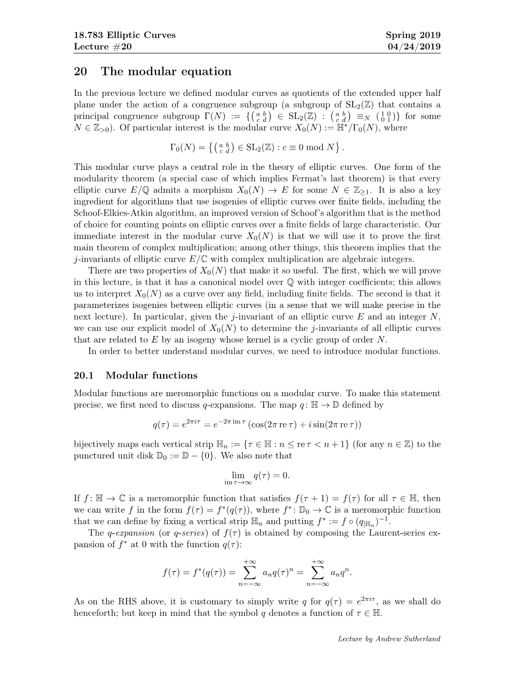 18.783 S19 Elliptic Curves, Lecture 20: the Modular Equation