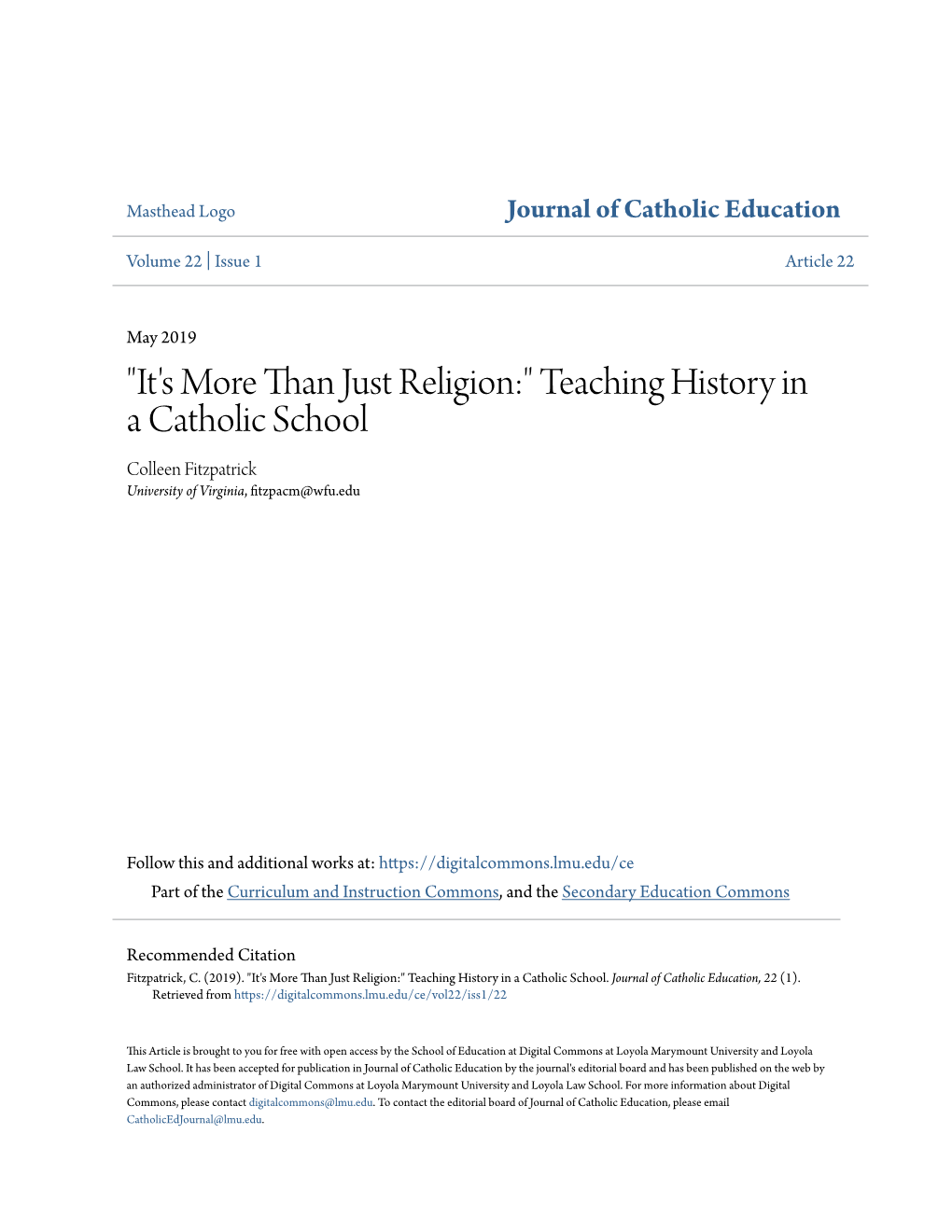 "It's More Than Just Religion:" Teaching History in a Catholic School Colleen Fitzpatrick University of Virginia, Fitzpacm@Wfu.Edu