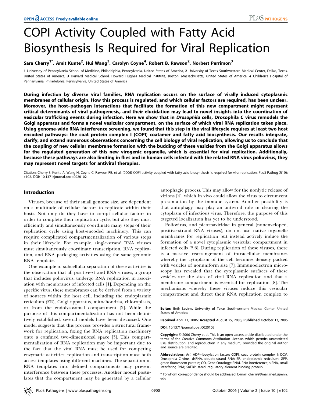 COPI Activity Coupled with Fatty Acid Biosynthesis Is Required for Viral Replication