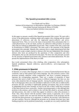 The Spanish Pronominal Clitic System 1. Clitic Pronouns in Spanish