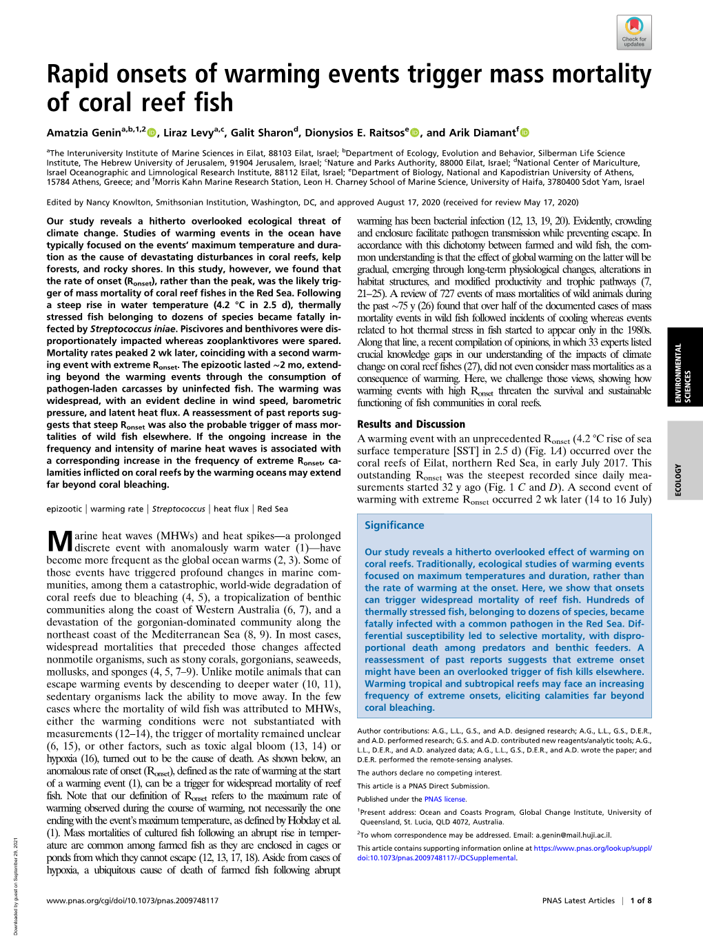 Rapid Onsets of Warming Events Trigger Mass Mortality of Coral Reef Fish