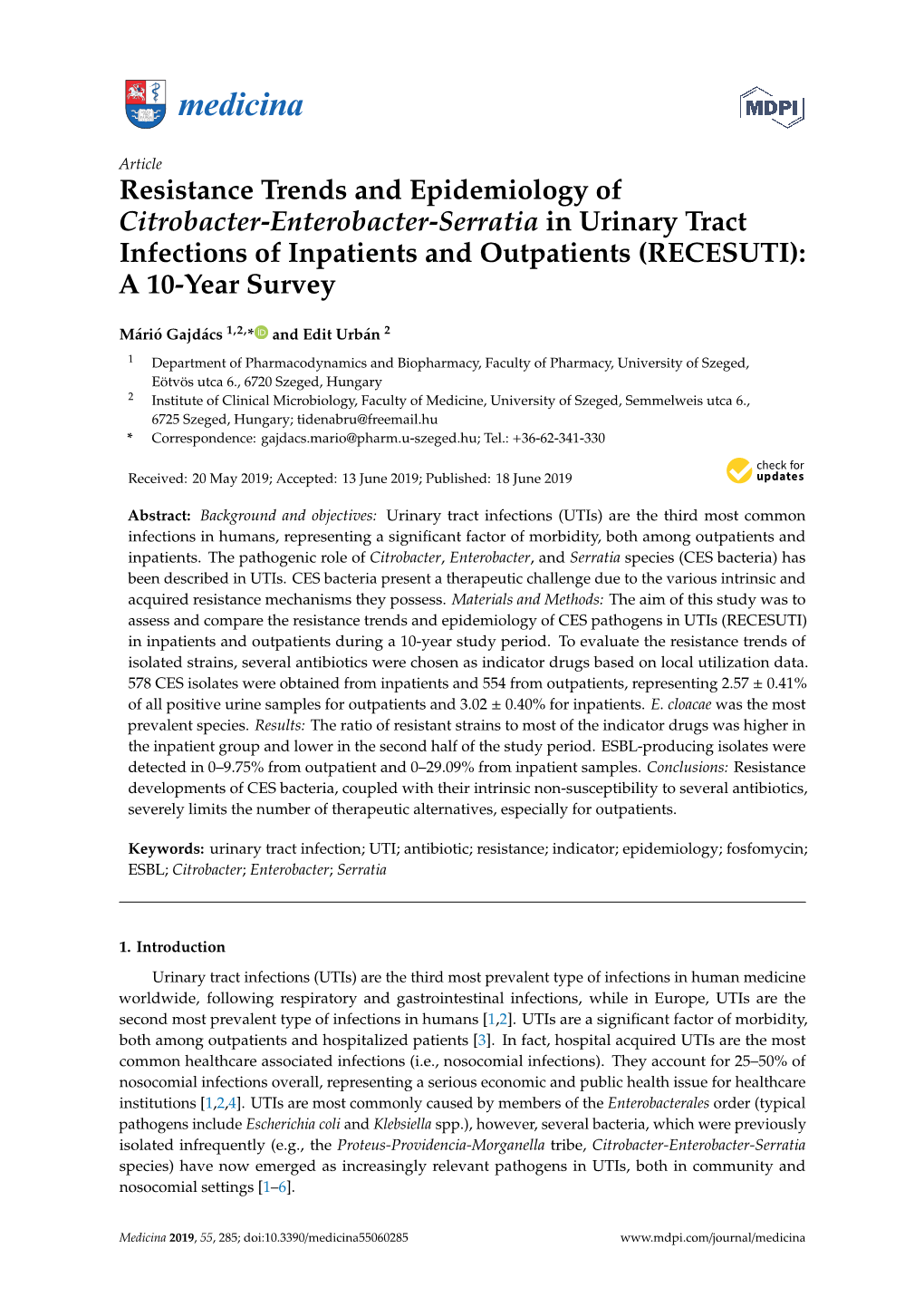 Resistance Trends and Epidemiology of Citrobacter-Enterobacter-Serratia in Urinary Tract Infections of Inpatients and Outpatients (RECESUTI): a 10-Year Survey