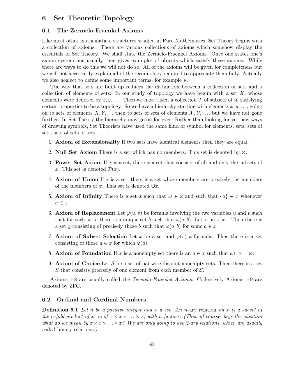 Section 6: Set Theoretic Topology