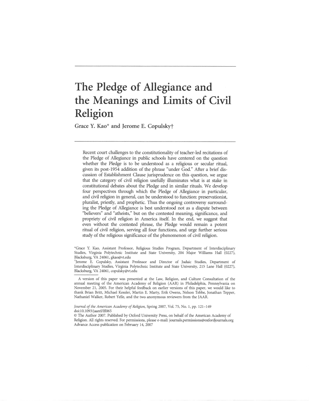 The Pledge of Altegiance and the Meanirgr and Limits of Civil Religion