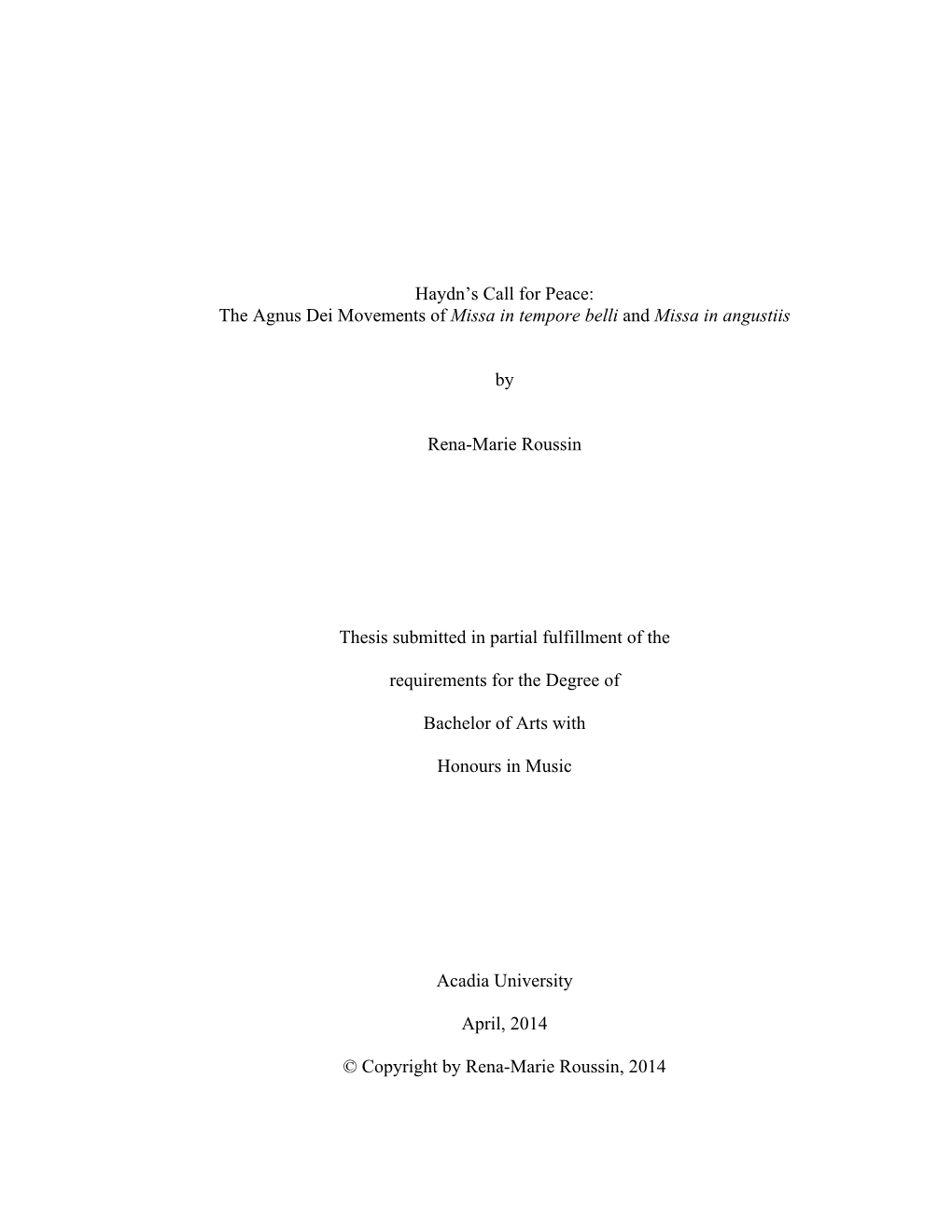 Haydn's Call for Peace: the Agnus Dei Movements of Missa in Tempore