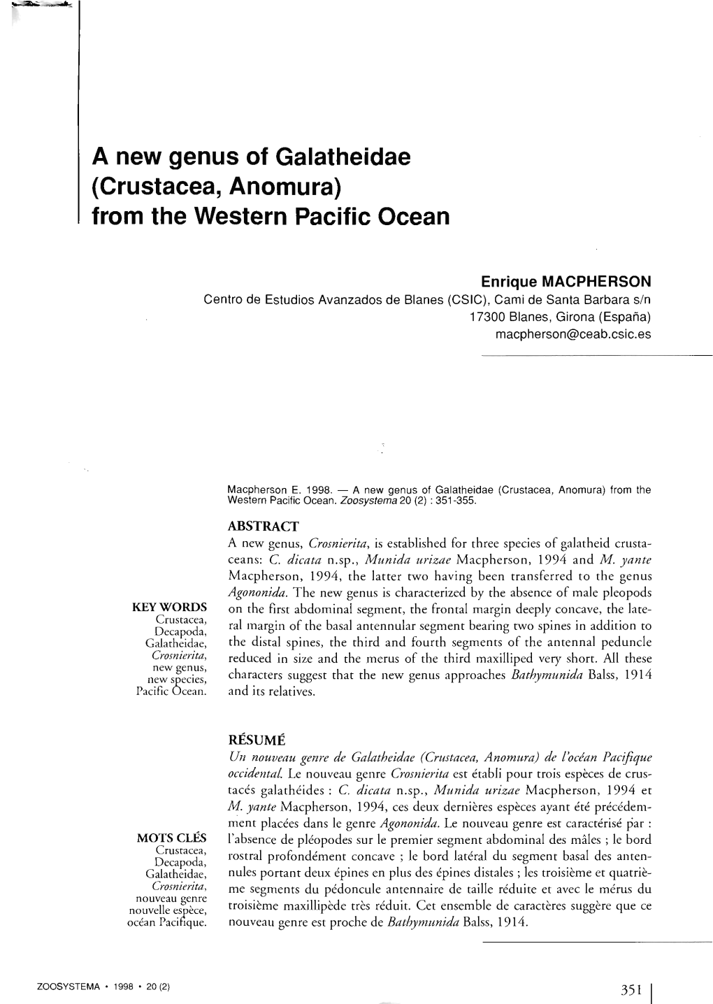 A New Genus of Galatheidae (Crustacea, Anomura) from the Western Pacific Ocean