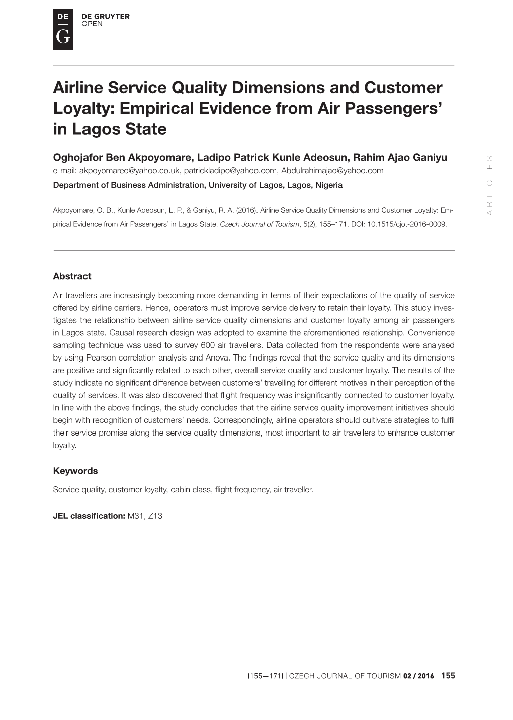 Airline Service Quality Dimensions and Customer Loyalty: Empirical Evidence from Air Passengers’ in Lagos State