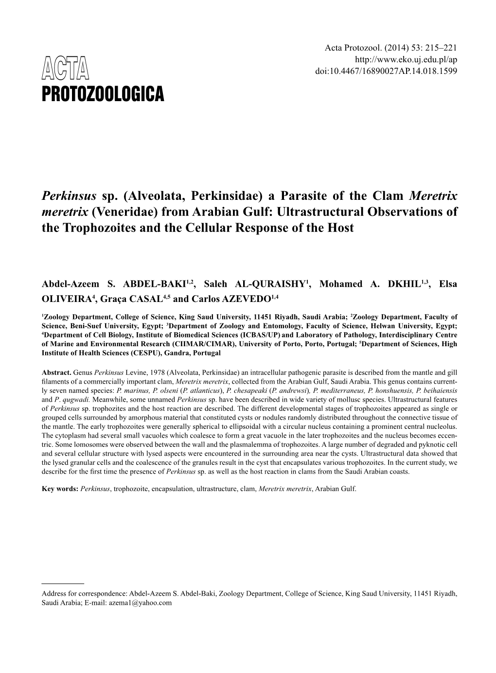Perkinsus Sp.(Alveolata, Perkinsidae) a Parasite of the Clam Meretrix