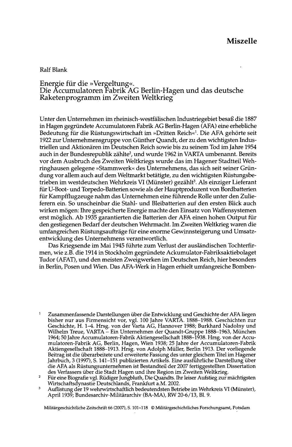 Vergeltung«. Die Accumulatoren Fabrik AG Berlin-Hagen Und Das Deutsche Raketenprogramm Im Zweiten Weltkrieg