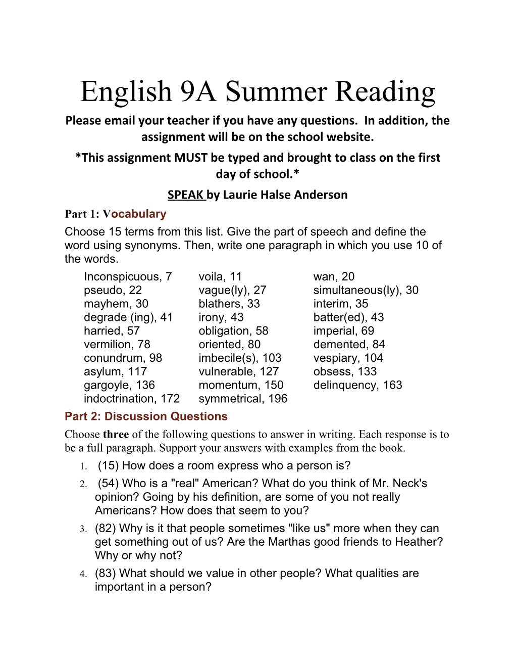 English 9A Summer Reading