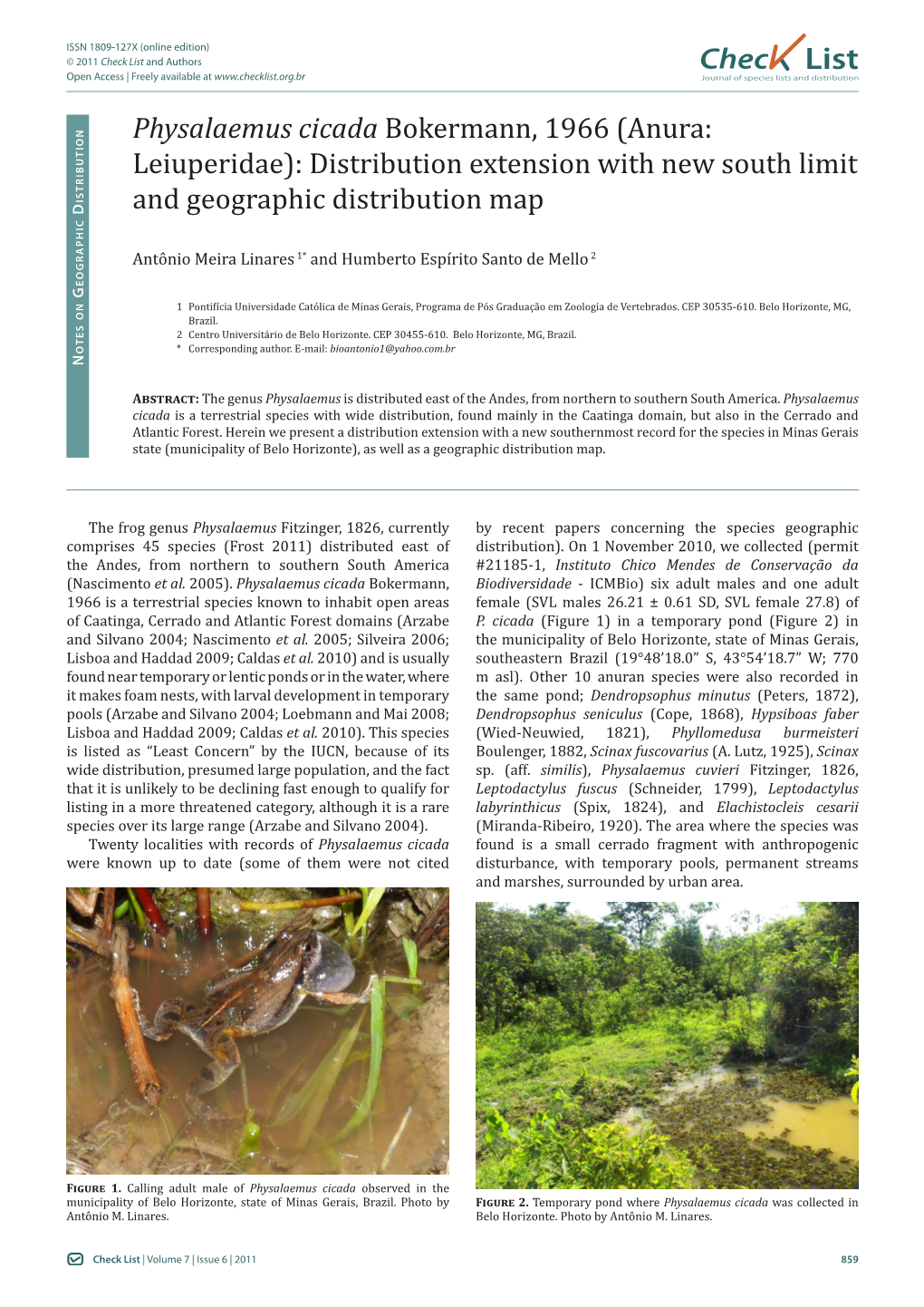 Leiuperidae): Distribution Extension with New South Limit and Geographic
