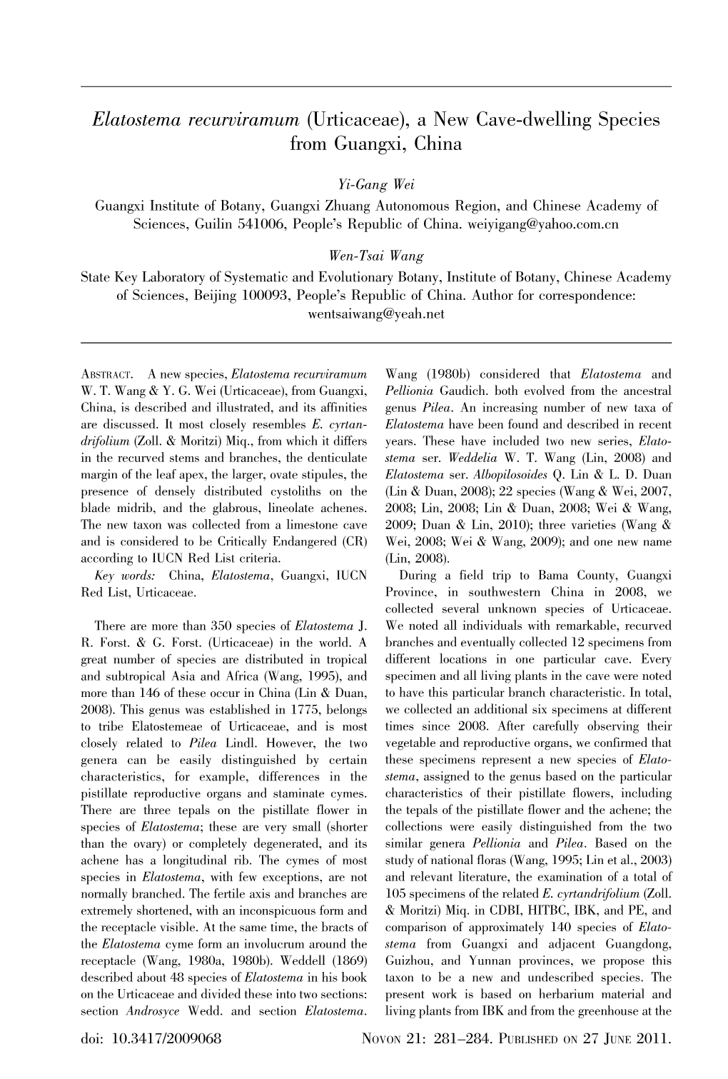 Elatostema Recurviramum (Urticaceae), a New Cave-Dwelling Species from Guangxi, China