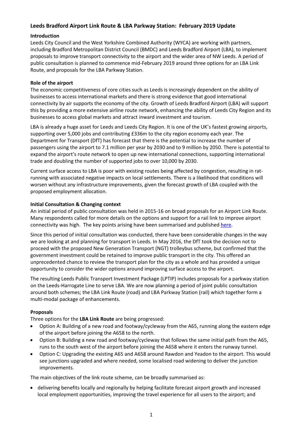 Leeds Bradford Airport Link Route & LBA Parkway Station: February 2019 Update