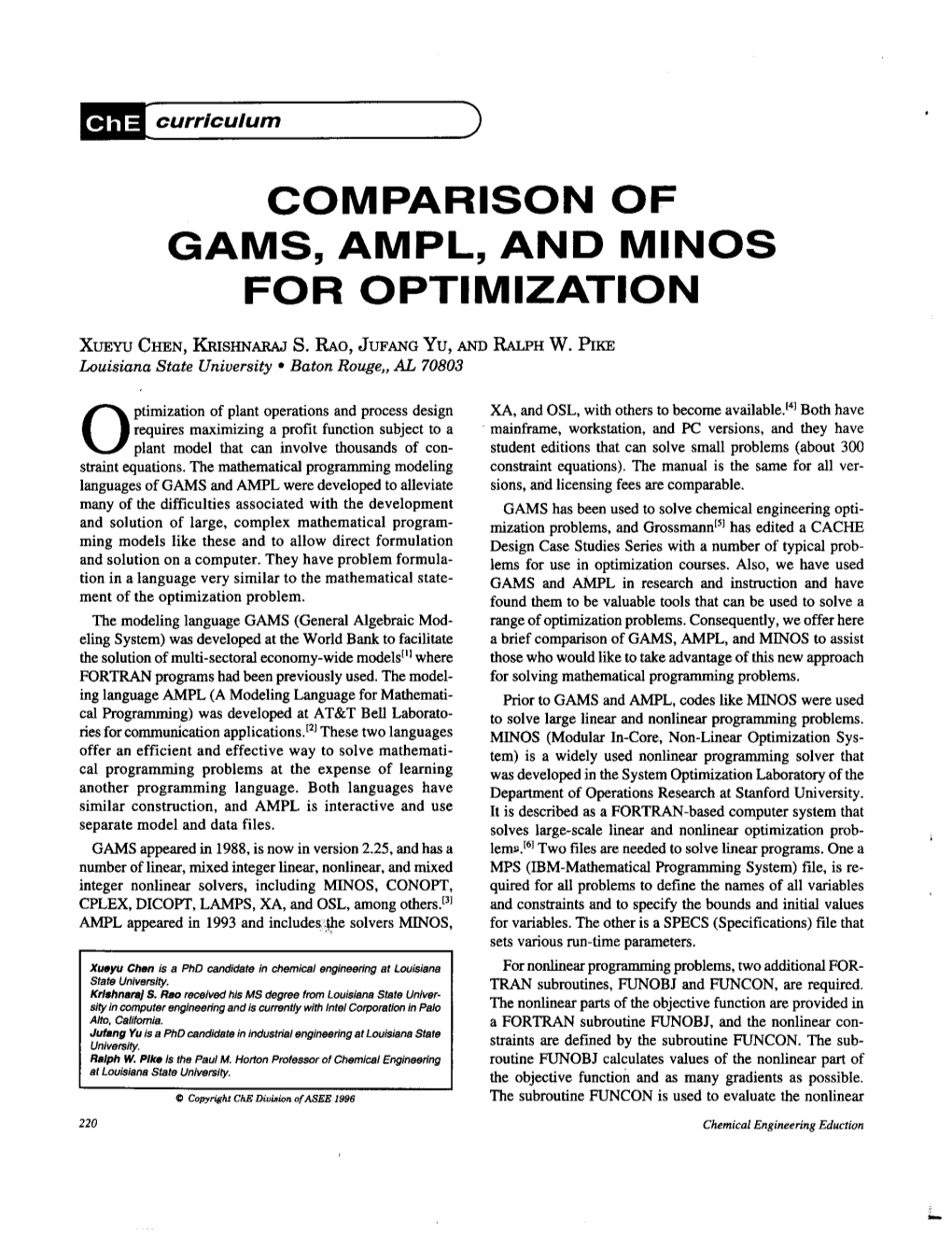 Comparison of Gams, Ampl, and Minos for Optimization