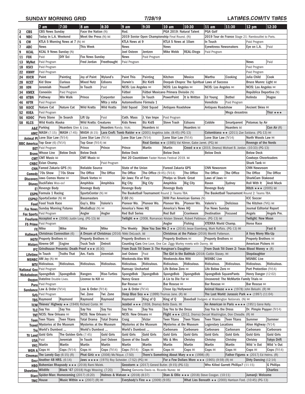 SUNDAY MORNING GRID 7/28/19 LATIMES.COM/TV TIMES 7 Am 7:30 8 Am 8:30 9 Am 9:30 10 Am 10:30 11 Am 11:30 12 Pm 12:30 2 CBS CBS News Sunday Face the Nation (N) Rod