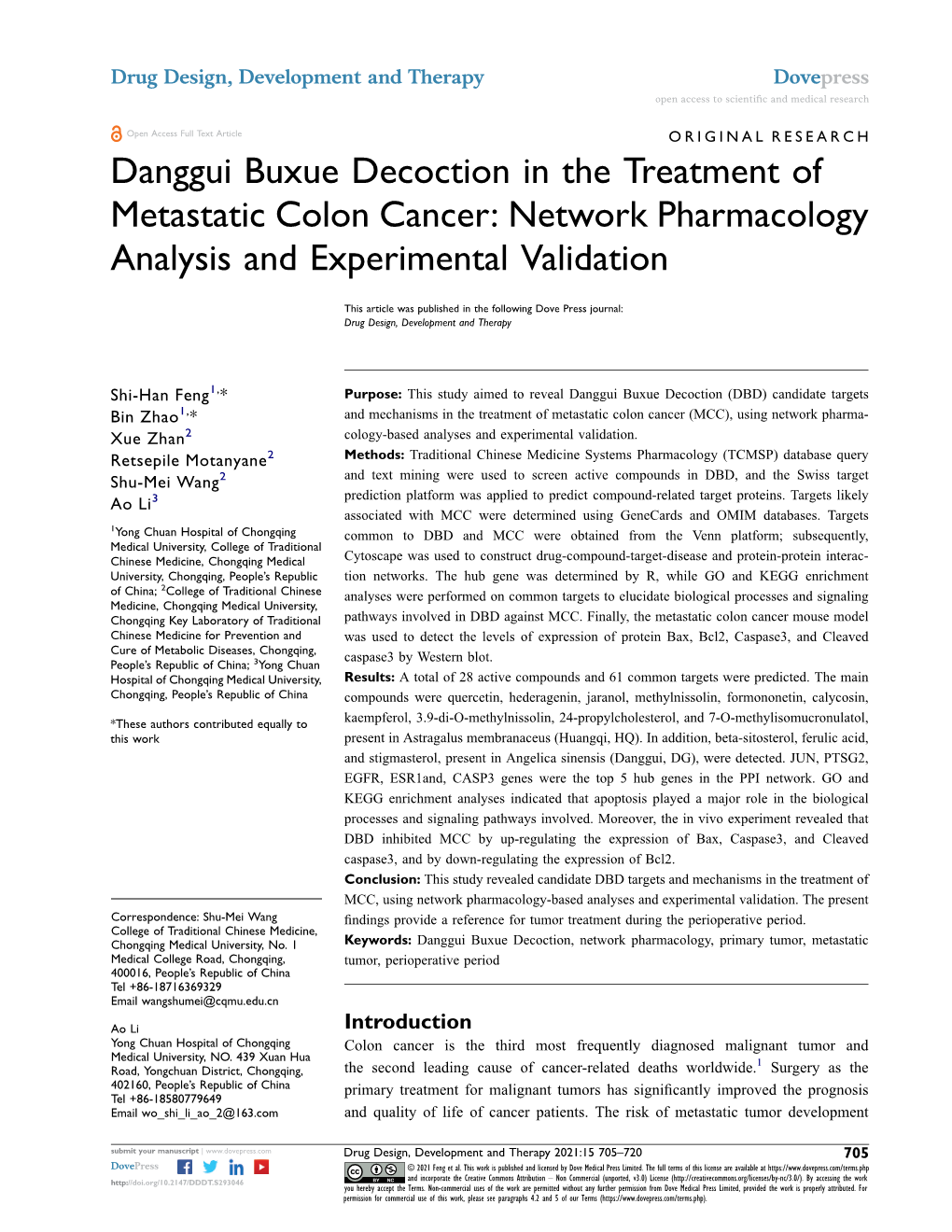 Danggui Buxue Decoction in the Treatment of Metastatic Colon Cancer: Network Pharmacology Analysis and Experimental Validation