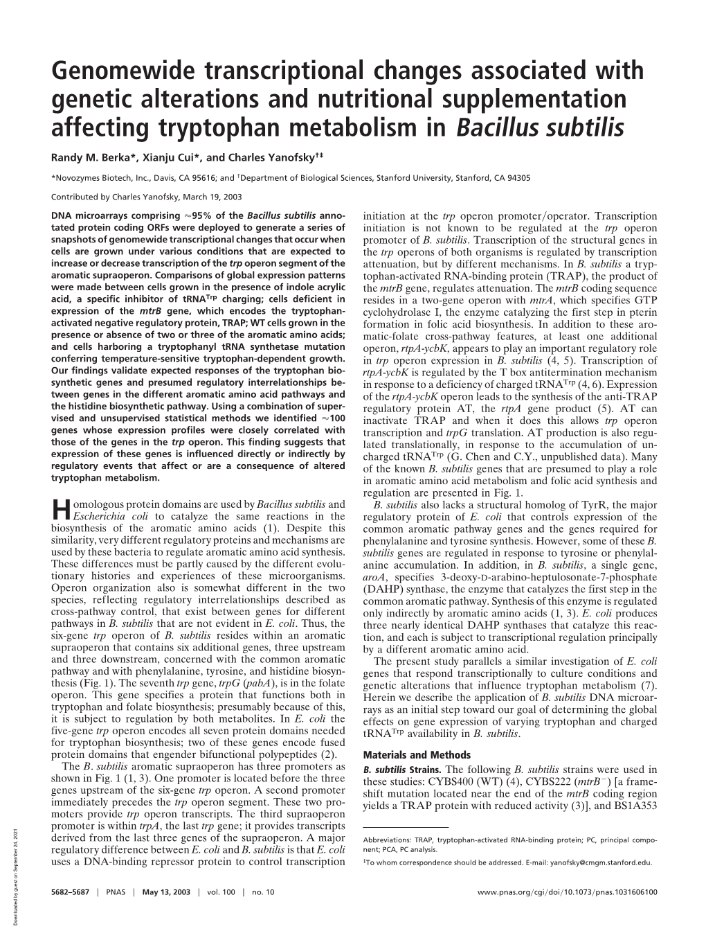 Genomewide Transcriptional Changes Associated with Genetic Alterations and Nutritional Supplementation Affecting Tryptophan Metabolism in Bacillus Subtilis