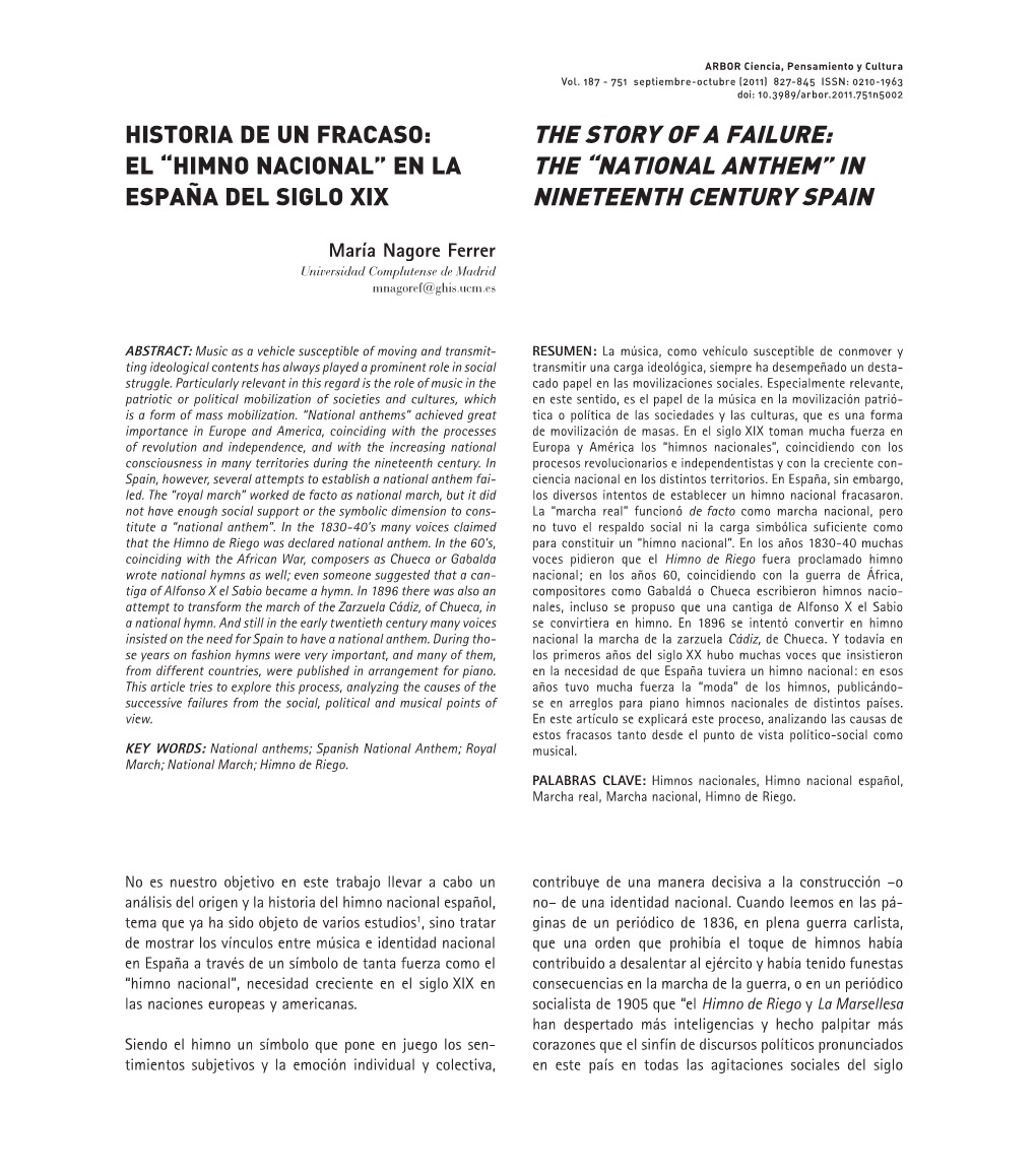El “Himno Nacional” En La the “National Anthem” in España Del Siglo Xix Nineteenth Century Spain