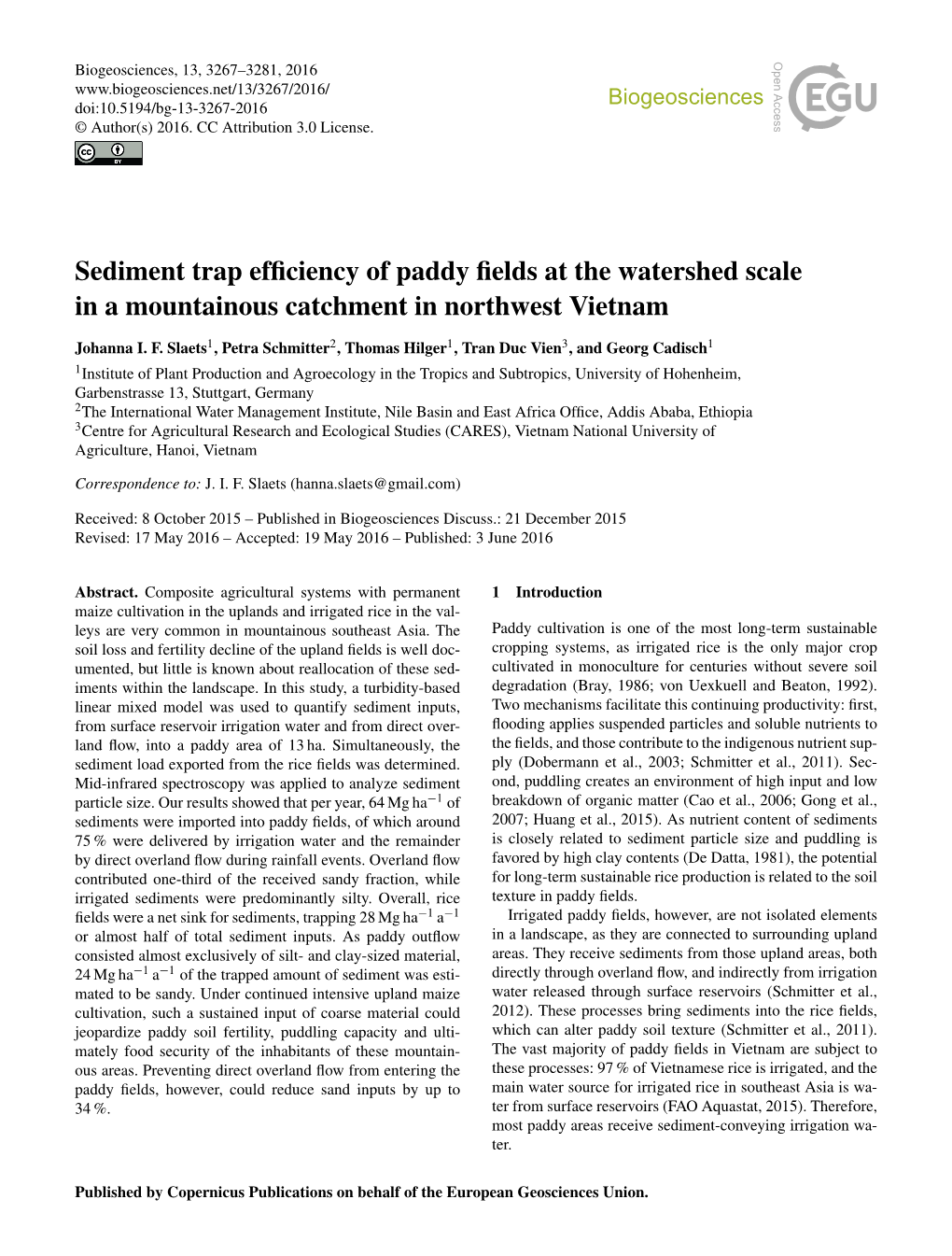 Articles and Soluble Nutrients to Land ﬂow, Into a Paddy Area of 13 Ha