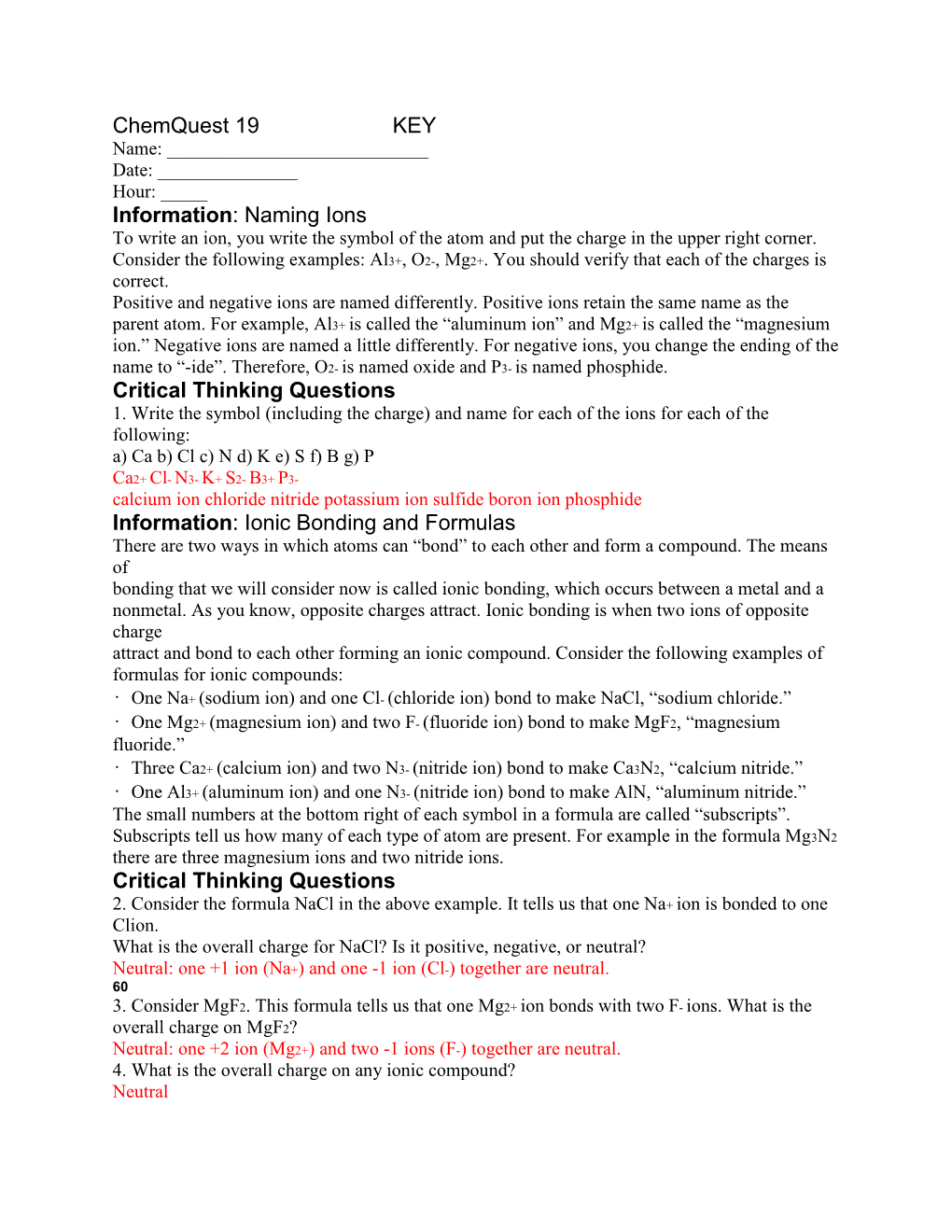 Ionic Bonding and Formulas Critical Thinking