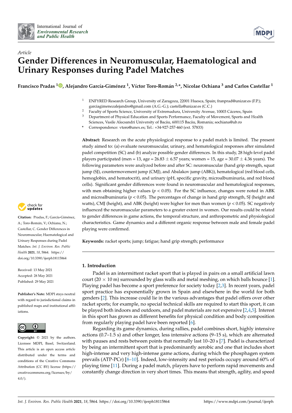 Gender Differences in Neuromuscular, Haematological and Urinary Responses During Padel Matches