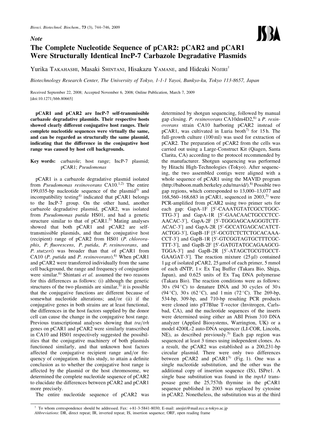 The Complete Nucleotide Sequence of Pcar2: Pcar2 and Pcar1 Were Structurally Identical Incp-7 Carbazole Degradative Plasmids