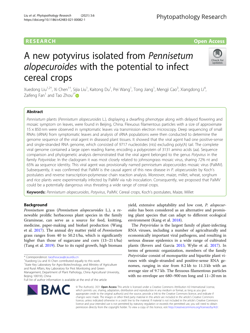 A New Potyvirus Isolated from Pennisetum Alopecuroides with The