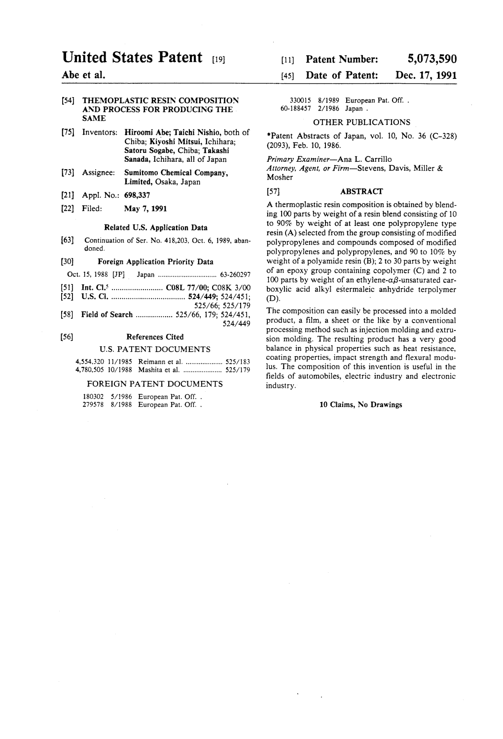 United States Patent (19) 11) Patent Number: 5,073,590 Abe Et Al