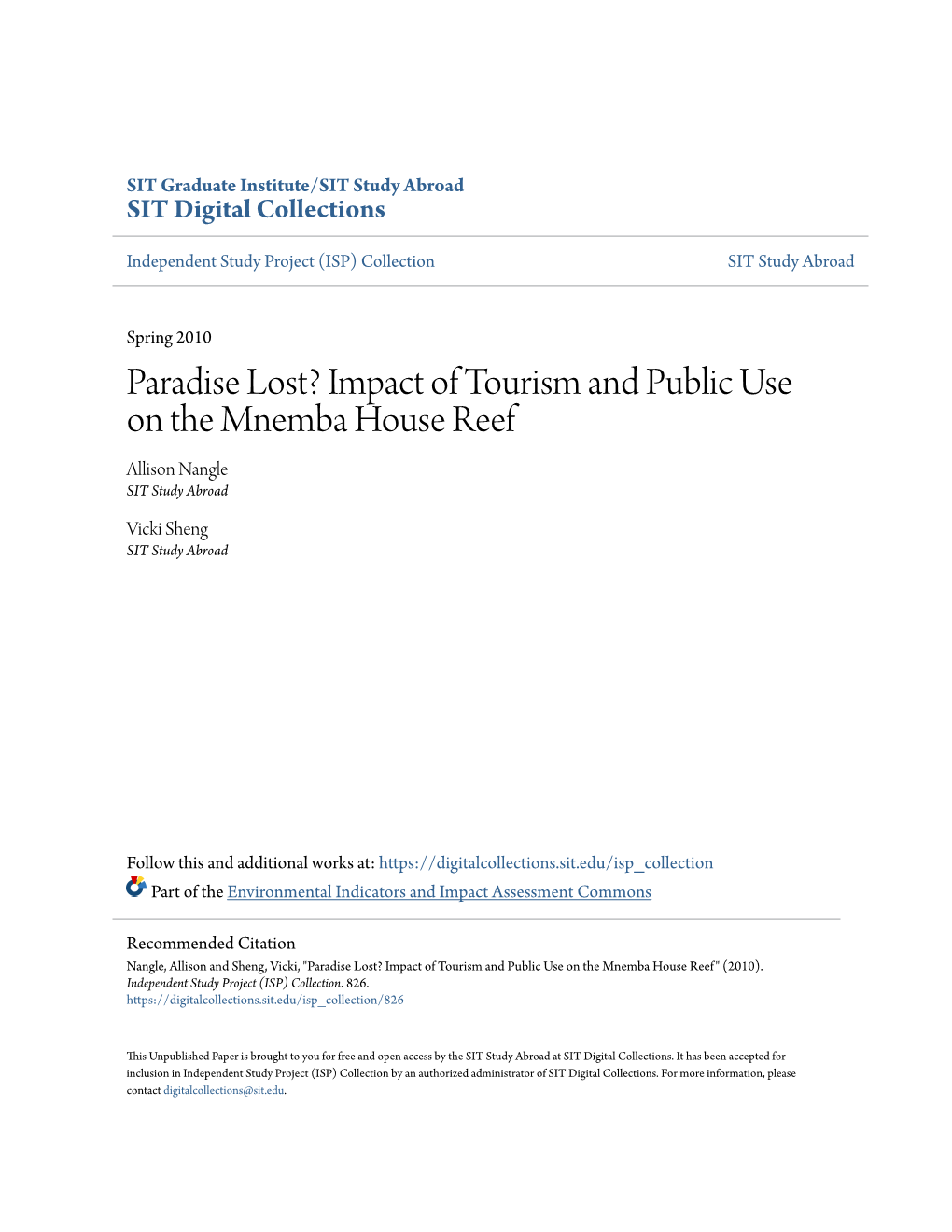 Impact of Tourism and Public Use on the Mnemba House Reef Allison Nangle SIT Study Abroad