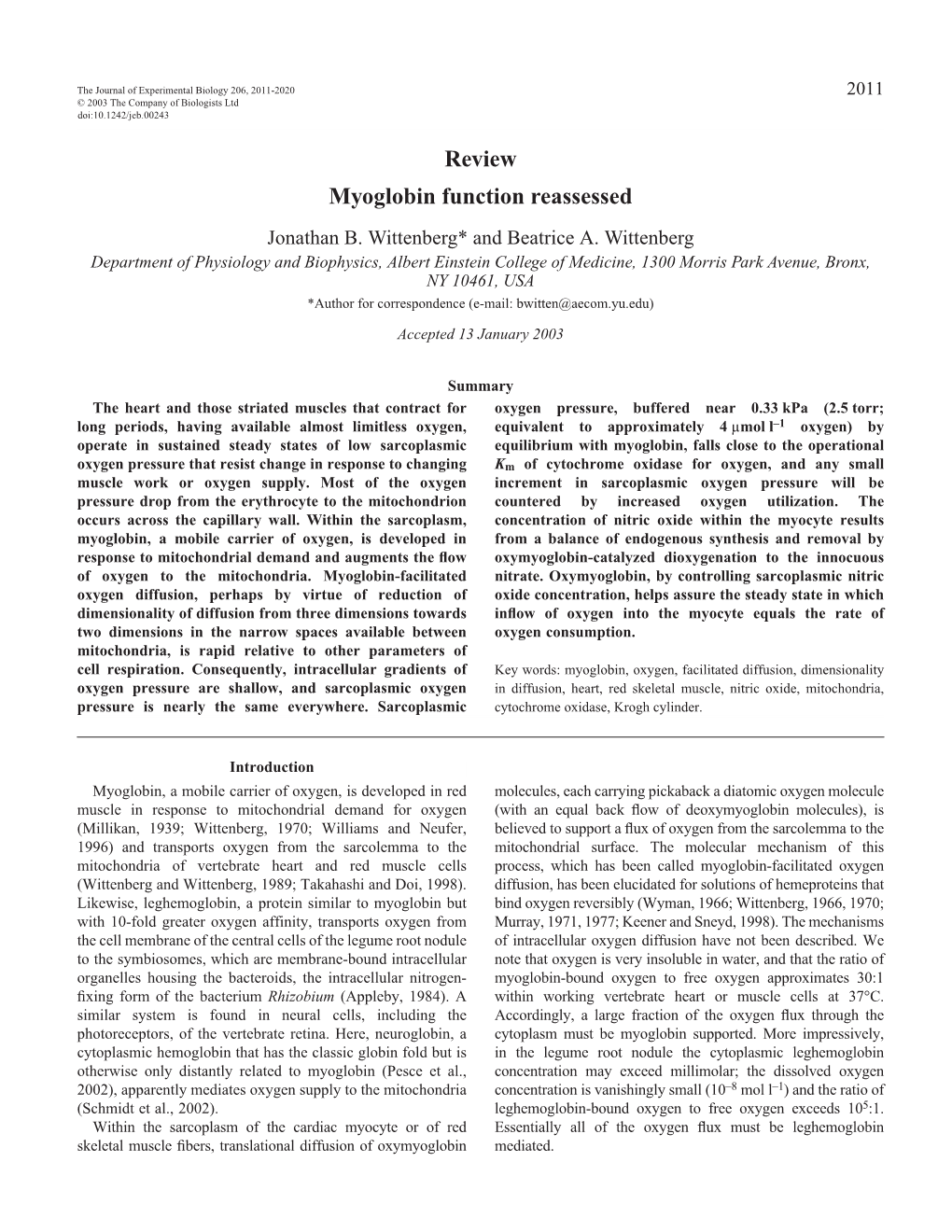 Review Myoglobin Function Reassessed Jonathan B