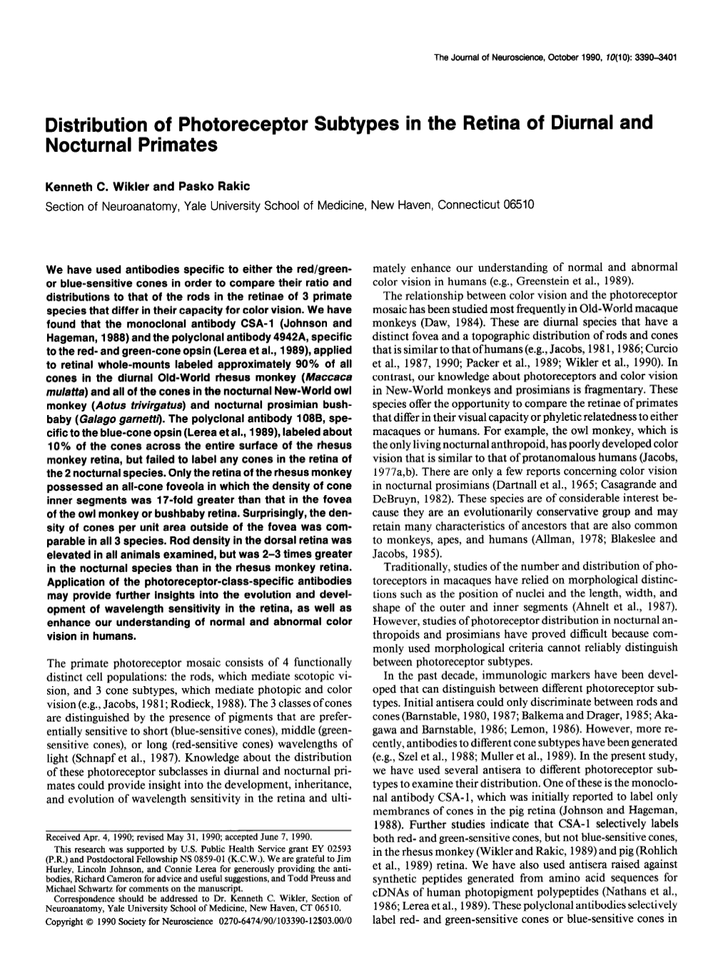 Distribution of Photoreceptor Subtypes in the Retina of Diurnal and Nocturnal Primates