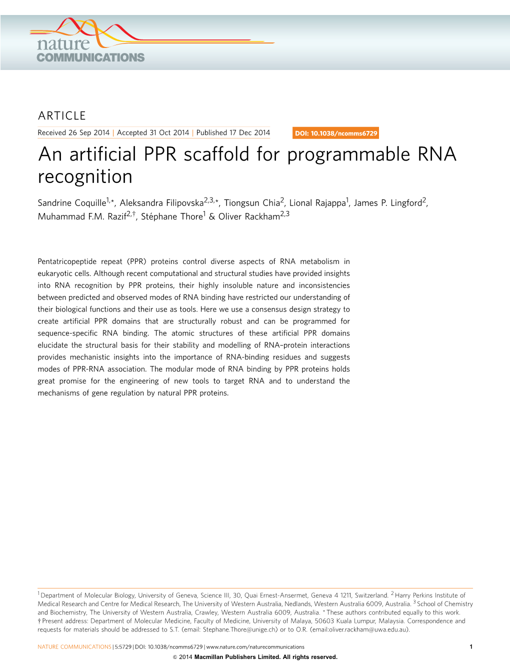 An Artificial PPR Scaffold for Programmable RNA Recognition