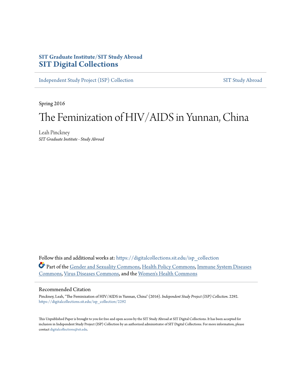 The Feminization of HIV/AIDS in Yunnan, China