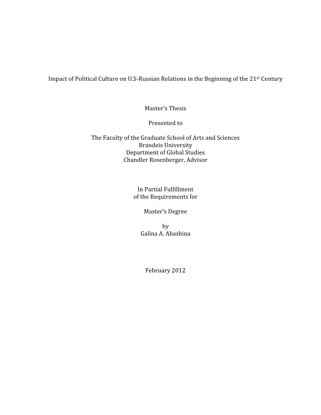 Impact of Political Culture on U.S-‐Russian Relations in The