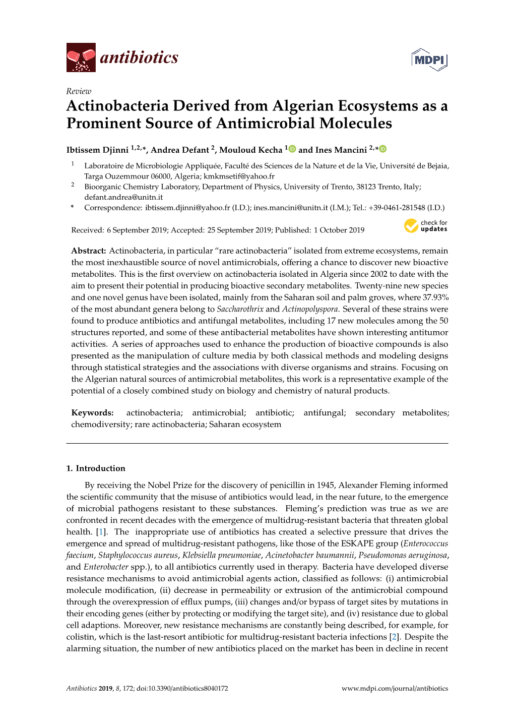 Actinobacteria Derived from Algerian Ecosystems As a Prominent Source of Antimicrobial Molecules